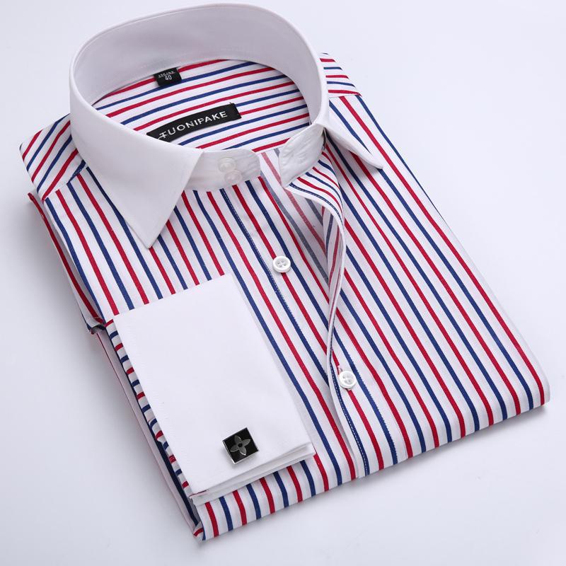 LISIBOOO Men Casual Slim Fit Shirt Mens Long Sleeve Business Dress Shirt French Cufflinks Shirt Male Striped Shirt: 8010 / 4XL