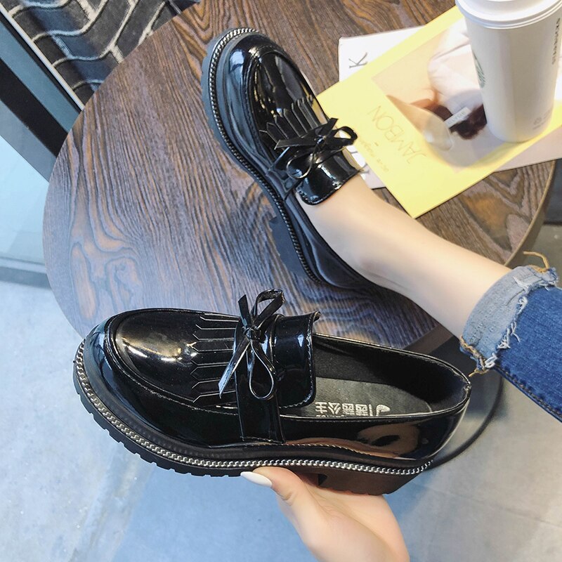 bas épais plate-forme chaussures femme frange gland Oxfords femmes chaussures mocassins femmes chaussures plates en cuir verni sans lacet dames chaussures