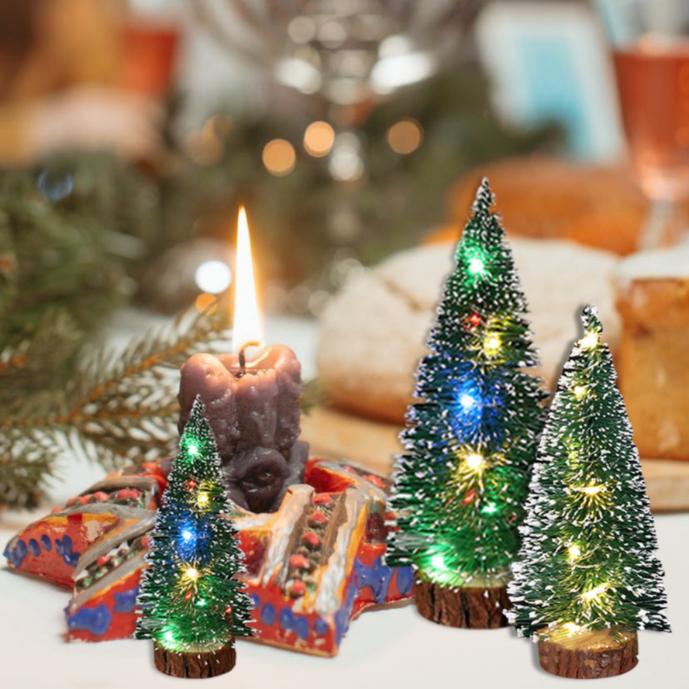 Mini Weihnachten Baum LED-leuchten Kiefer Nadel Beflockung Gebeizt Zeder Schreibtisch Weihnachten Ornamente Neue Jahr Dekor Bkdj31