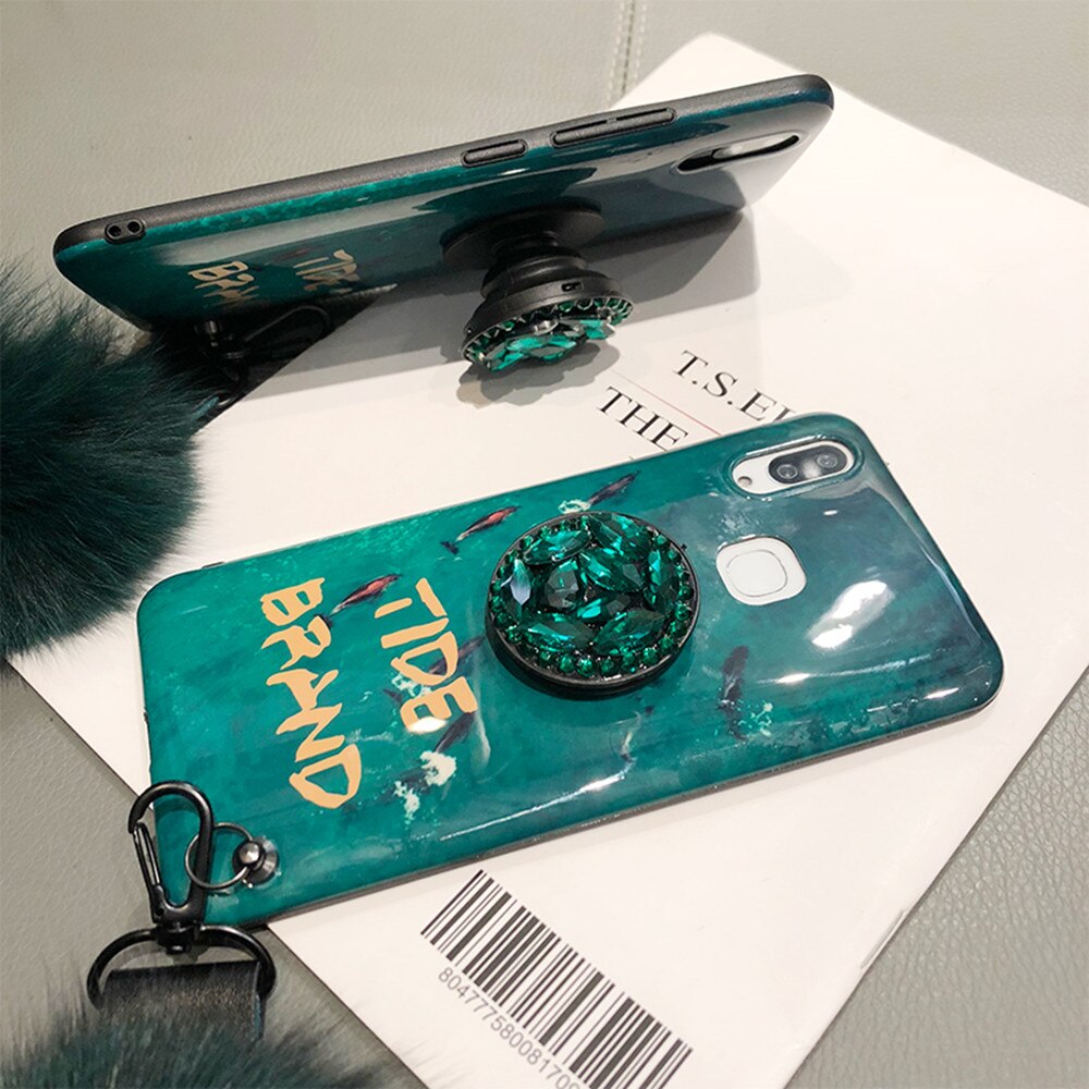 Dla Huawei Mate 20 Pro Mate 30 Lite Mate 30 20X 5g 10 9 Pro Y6 Y7 Y9 2019 Rhinestone uchwyt Vintage Emerald Hairball Back Case