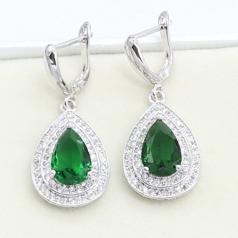 Goccia D'acqua Verde Smeraldo Bianco Zircone 925 Orecchini in Argento per Le Donne Regalo Dei Monili di Trasporto