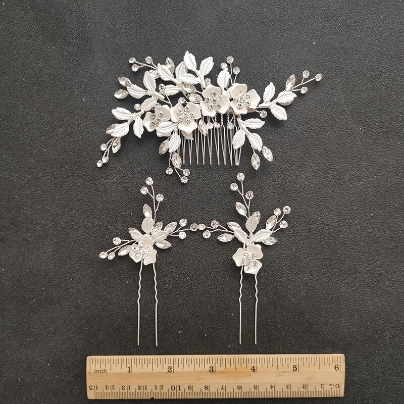 Slbridal handgemaakte oostenrijkse kristal bruids haarspeldjes haarspeldjes haarspeldjes bruidsmeisjes sieradensets: Zilveren kammenset