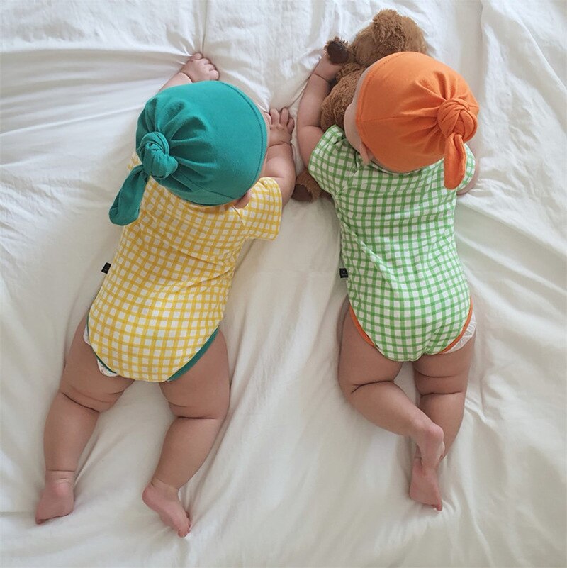 3731 zomer babykleding met korte mouwen, snoepkleurige ruitjes, kruipkleding, romper en muts voor 1 jaar oud voor meisjes en jongens