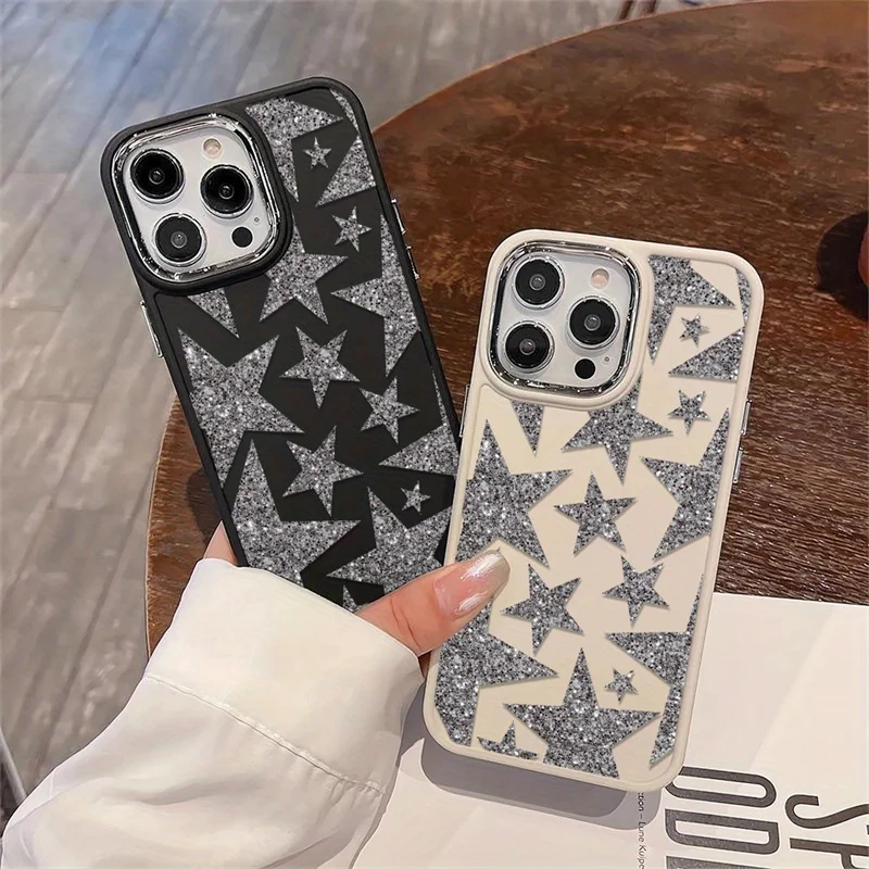 Funda de teléfono plateada con de estrella de cinco puntas para IPhone 16e 15 Pro 16 14 13 12 11 Pro Max 7 8 PIus XR, funda de silicona con marco de Metal