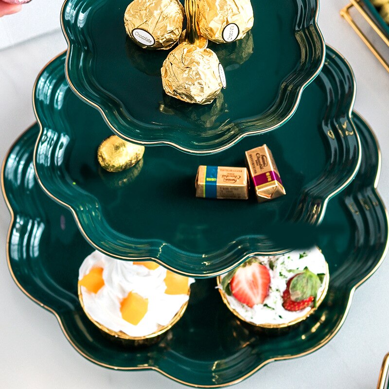 Assiette à brochette en céramique, vert foncé, européenne, thé de l&#39;après-midi, anniversaire, plateau à fruits, plat à Dessert, plateau à pâtisserie à deux ou trois niveaux