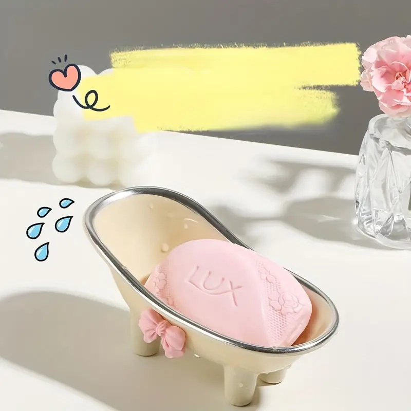1 Stück niedliche Badezimmer-Seifenschale aus Kunststoff – Seifenhalter mit Schleife und kreativer Entwässerung – Badezimmer-Accessoires-Tablett