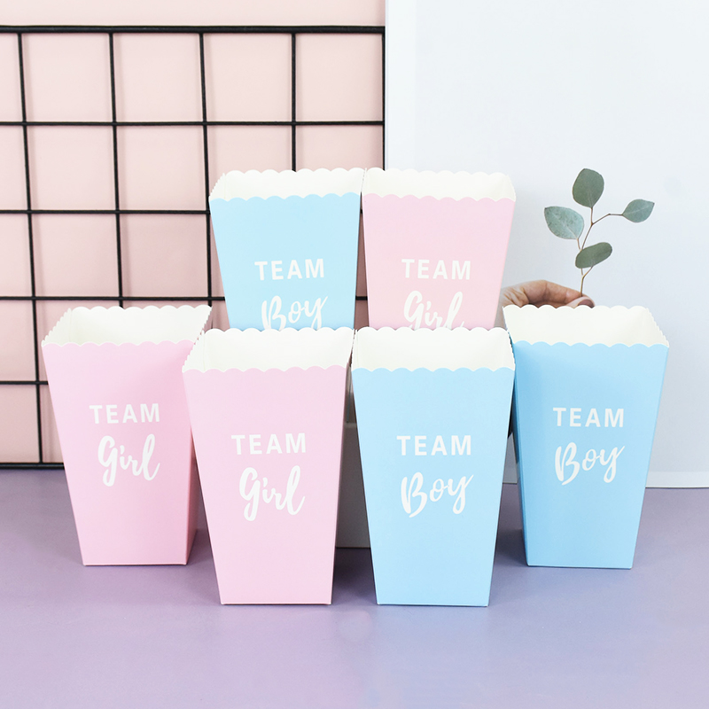 6pcs Gender Reveal Boy or Girl Popcorn Box Team Boy Girl Candy Treat Box Baby Shower Birthday Party Decor Packaging Supplies