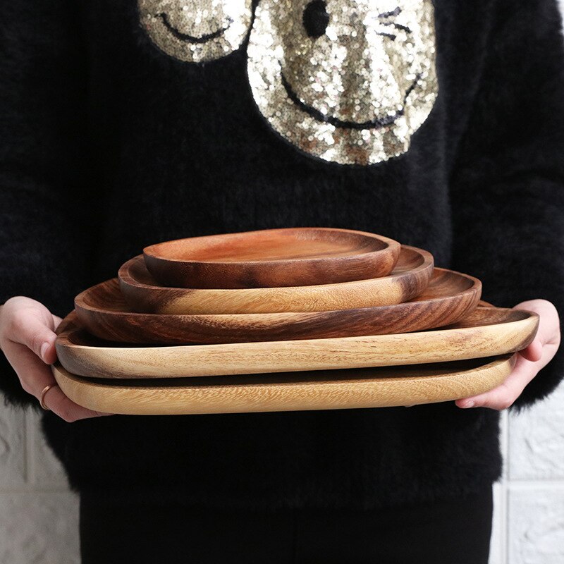 Accesorios de cocina, juego de vajilla, plato ovalado Irregular de madera maciza, platos de frutas, platos de cena, postres, utensilios de cocina