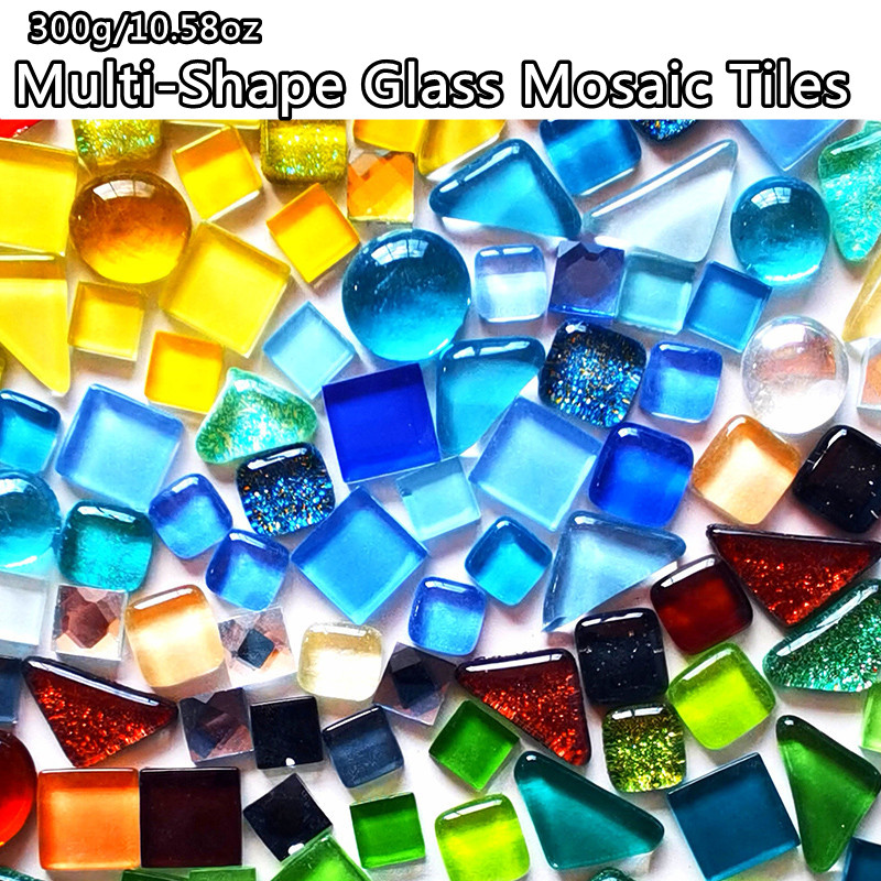 Perles de mosaïque en verre multicolores de 300g/10.58oz, rondes/triangles/carrées, pierres de mosaïque brillantes pour bricolage