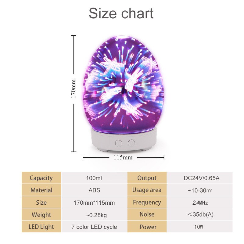 3d glazen etherische olie aromatherapie diffuser voor thuis, ultrasone luchtbevochtiger, olie aroma diffuser met led-licht voor thuiskantoor