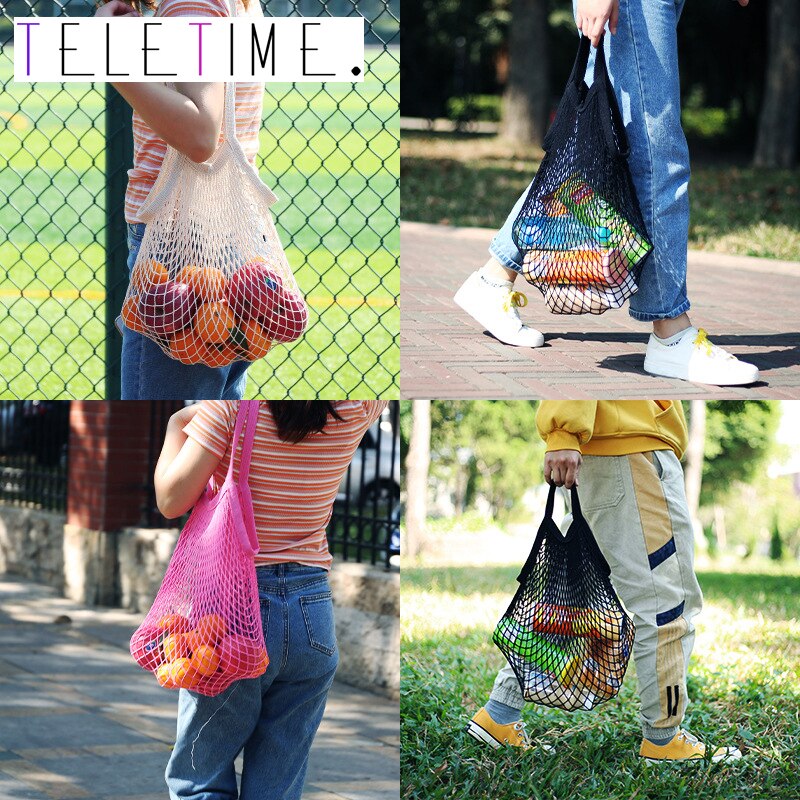 Neue Wiederverwendbare Taschen für Obst Gemüse Tasche Baumwolle Gittergewebe Schnur Organizer Handtasche Kurze/Lange Griff Netz Einkaufen Taschen tote