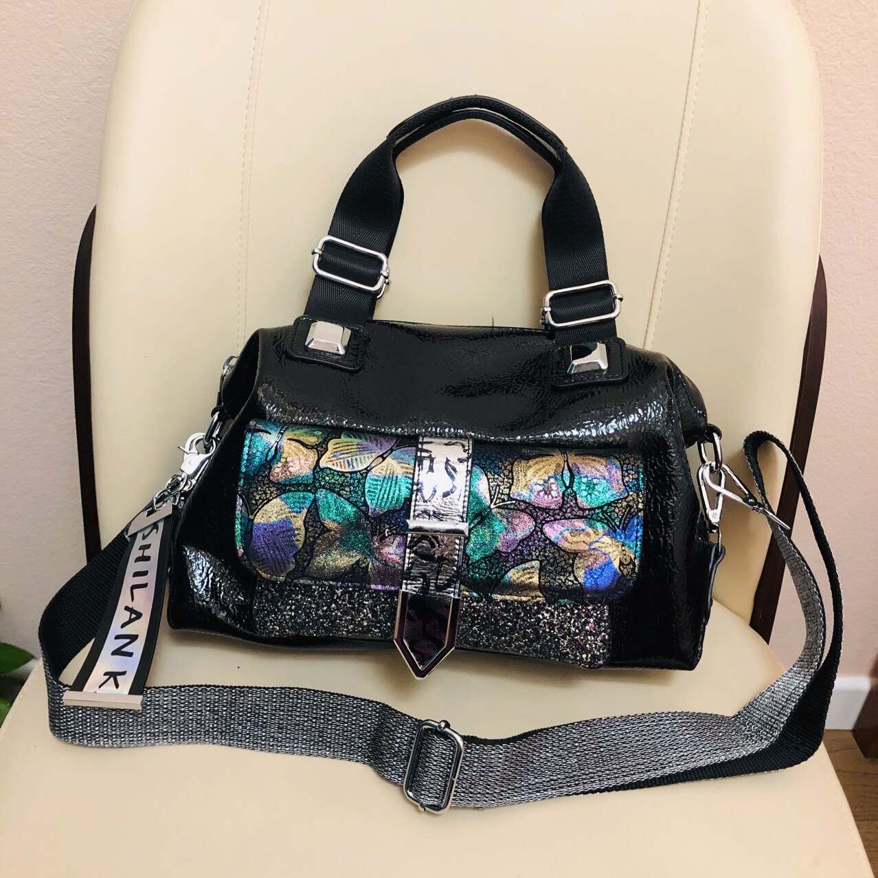 Bolsa feminina de couro, bolsa de mão com borboleta holográfica, design diário, couro artificial de grande capacidade, moda feminina