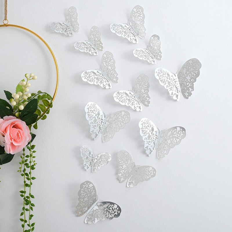 Autocollants muraux papillons en cristal effet 3D, 12 pièces/lot, beaux autocollants muraux pour chambre d'enfants, décoration de la maison: Silver 2