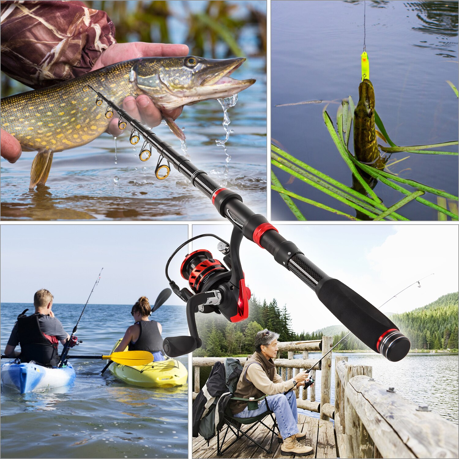 Lixada, caña de pescar y carrete, Combo de caña de pescar con carrete giratorio, Combo de bolsa de transporte, estuche de viaje, plantilla de Señuelos de Pesca, Kit completo de ganchos