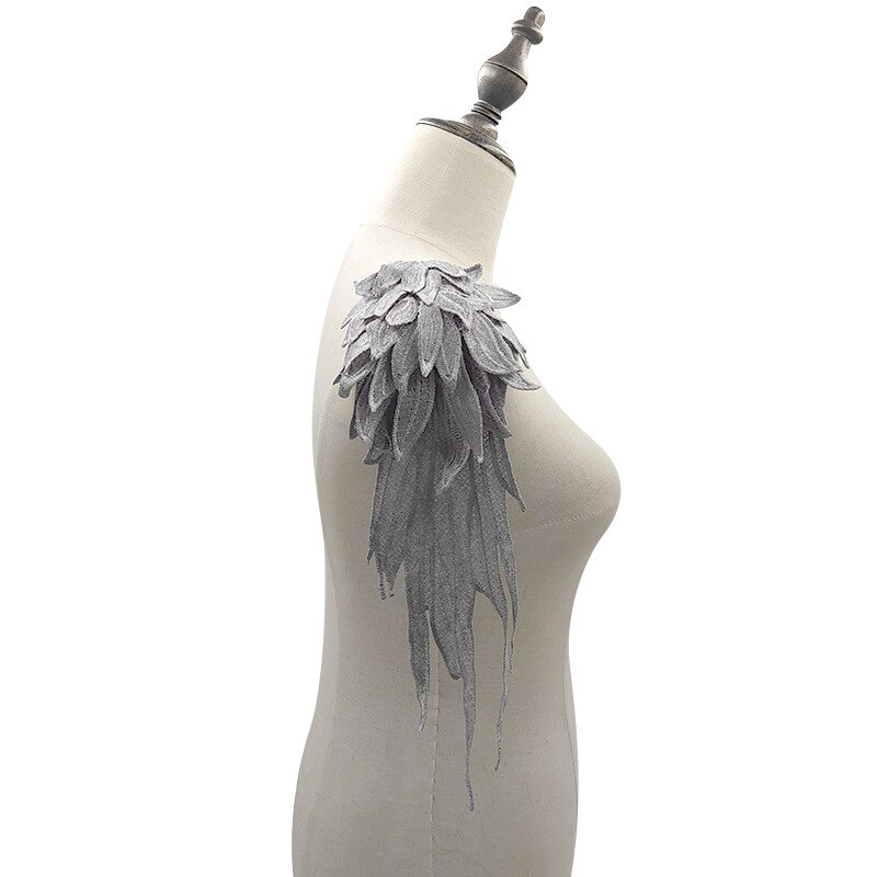 Accesorios de alas de ángel para vestido de banquete, calcomanía bordada de múltiples capas de encaje ahuecada hecha a mano, accesorios de Color sólido, 1 par: Silver