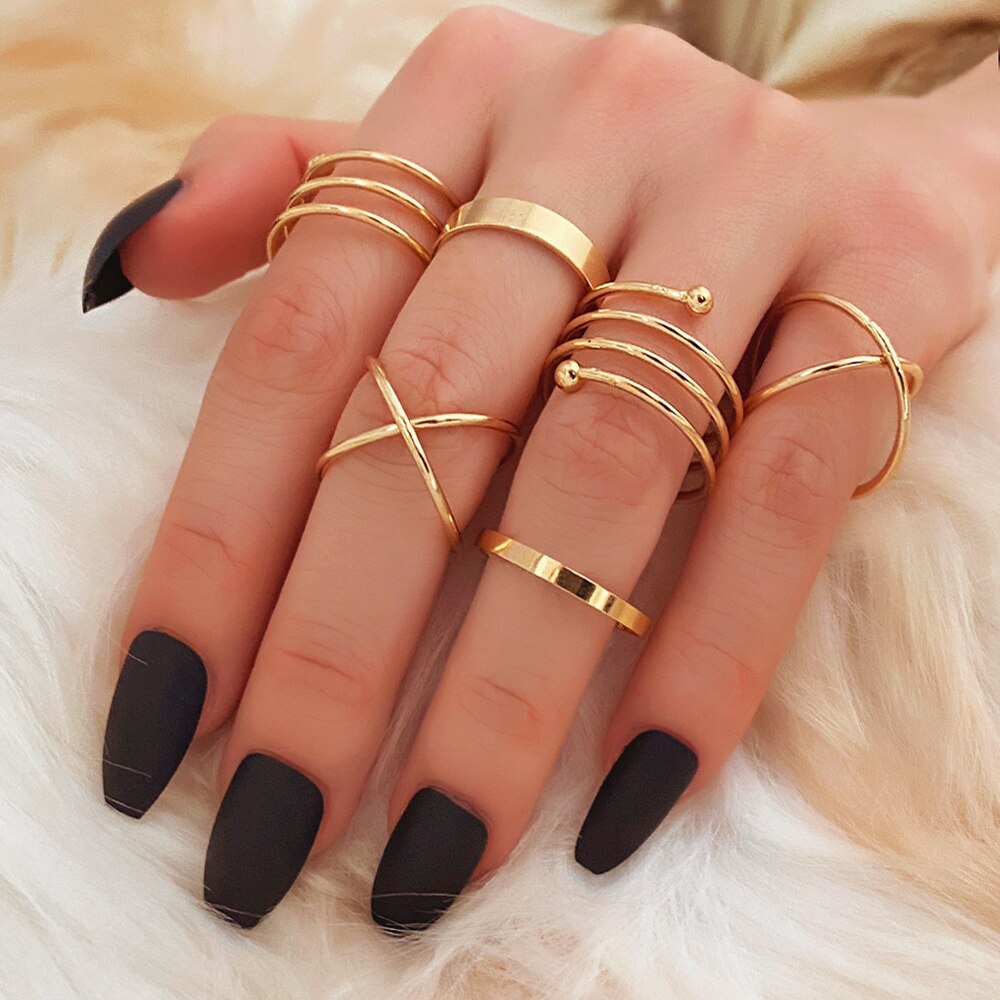 IFMIA 6 sztuk/zestaw Punk Ring Finger minimalistyczny gładkie złoto/czarny geometryczne metalowe pierścionki dla kobiet dziewczyn Party biżuteria Bijoux Femme: IF157010