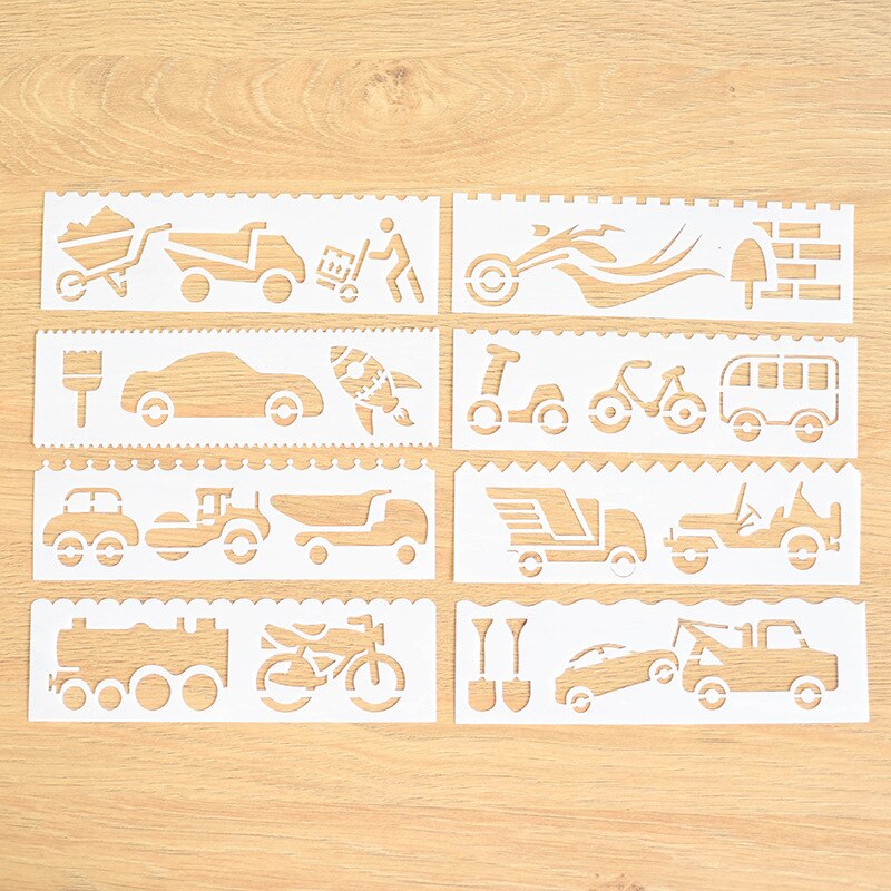 Pochoirs en dentelle à colorier de dessin animé, modèle de dessin animé, de nouvel an pour enfants, feuilles d'animaux et véhicules, alphabet, flocons de neige, 8 pièces/ensemble: Vehicle