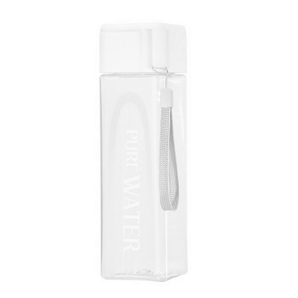 Botella de agua de 480ml, botella cuadrada de plástico transparente mate para beber al aire libre, botella deportiva para leche y zumo con cuerda portátil de Leakproop: white