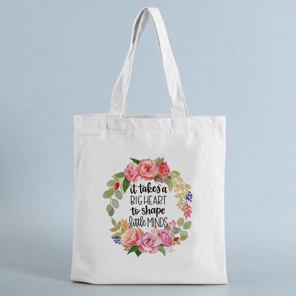 It Takes A Big Heart To Shape Little Mind Canvas Reusable Shopping Bag Teacher Shoulder Cloth Bags Shopper Tote Bag: B10824-TBWH-M