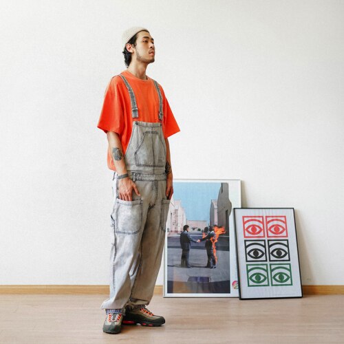 Safari stil denim overalls til mænds funktionelle multi-pocke bib-bukser work cargo bukser mænd baggy bib jeans: Lyseblå / M