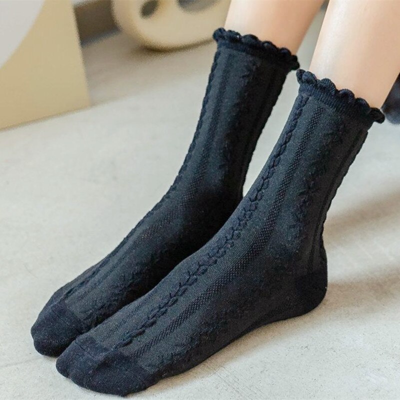 Summer Female Lace Black White Crew Sock Cotton Cute Japanese Jacquard College Women Girls kawaii Sweet