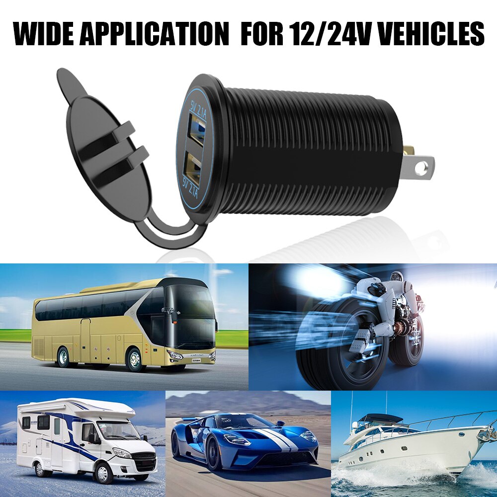 LEEPEE 12-24V 2 Port USB Dual USB Charger Power Adapter Socket 5V 4.2A output for Auto Marine Motorcycle Truck LED Blue Light