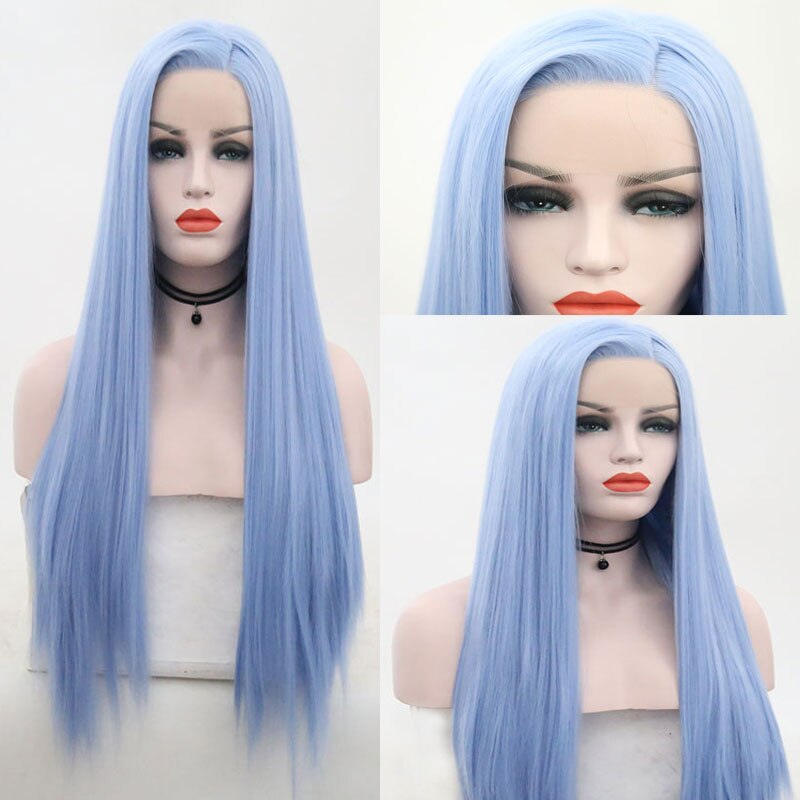 Bombshell Sky Blue Long Straight Synthetic Hair Lace Front Wig Heat Resistant Fiber Natural Hairline Side Parting For Women Wigs