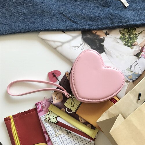 nouveaux bracelets doux rose/rouge coeur forme pochettes pour fille Simple sac à main mignon étudiant porte-monnaie Mini petit sac: pink