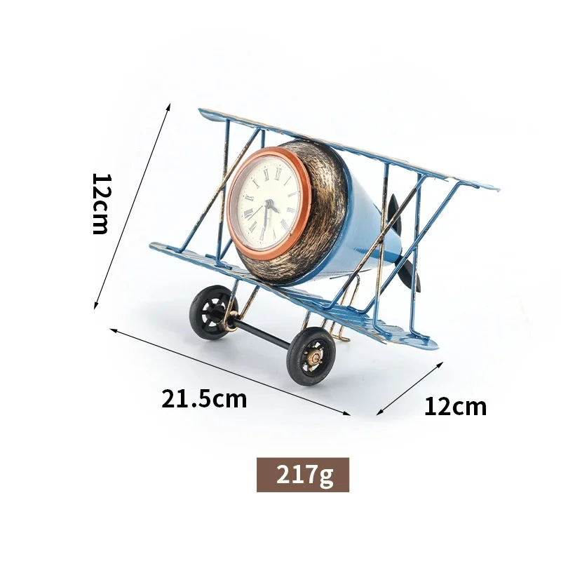 metal wrought iron airplane clock model desktop retro clock photography prop ornament office desktop decoration ornament: Dark Khaki