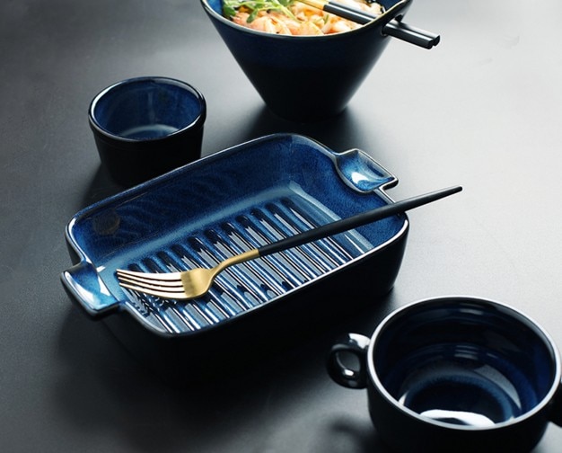 Blauw keramische kom noodle diner eten platen soepkom slakom lade