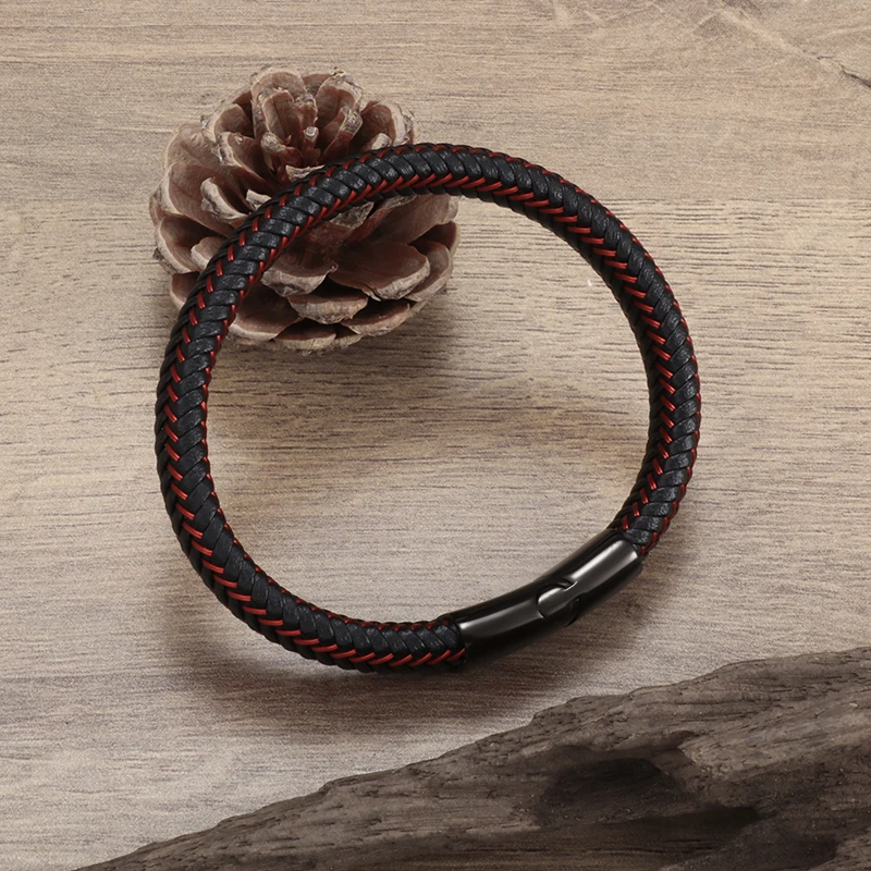 Fashionable and Simple Red Braided Leather Rope Bracelet Black Magnetic Buckle Bracelet for Men