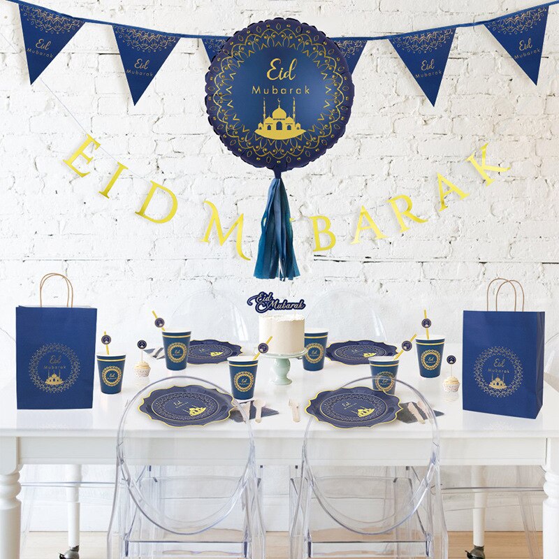Blue Eid Mubarak Disposable Tableware Serves 8 Guests Aid Mubarak Plate Napkins Happy Eid Mubarak Party For Eid Al-Fitr