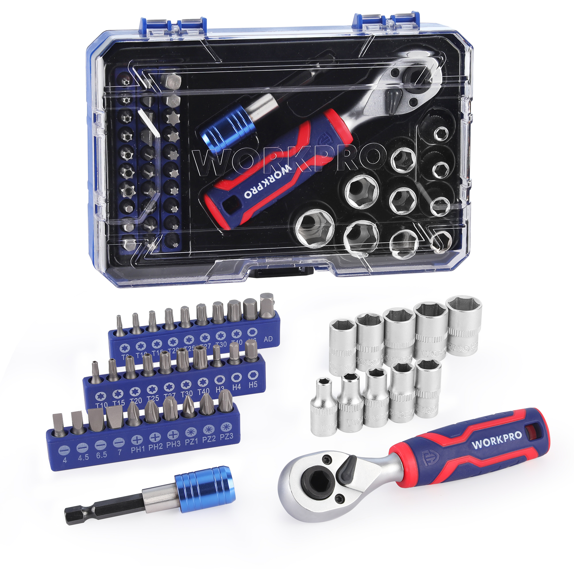 Workpro 1/4 "42 peças dr. master conjunto de soquete métrico com catraca stubby de cabeça dupla para reparo de automóveis com estojo de armazenamento