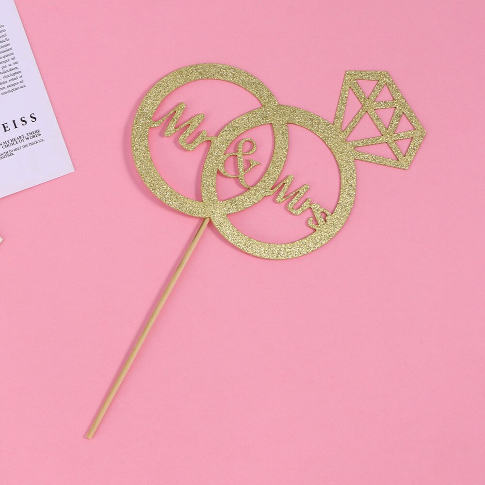 1 Pc Cake Topper Diamond Ring Mr & Mrs Papier Glinsterende Gouden Cake Pick Voor Engagement Wedding: Default Title