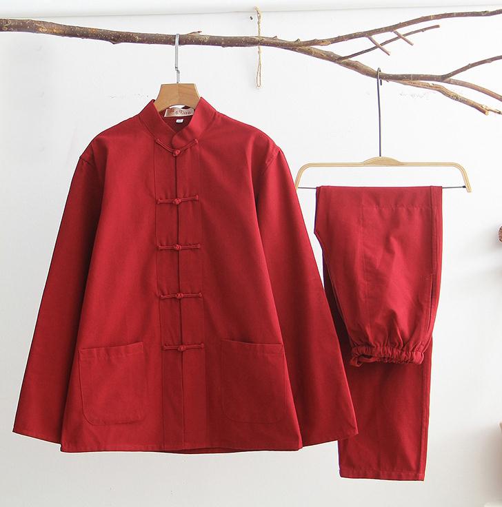 Mannen Effen Kung Fu Pak Chinese Traditionele Mannelijke 100% Katoen Losse Tai Chi Sets Jas + Lange Broek 2pc: wine red