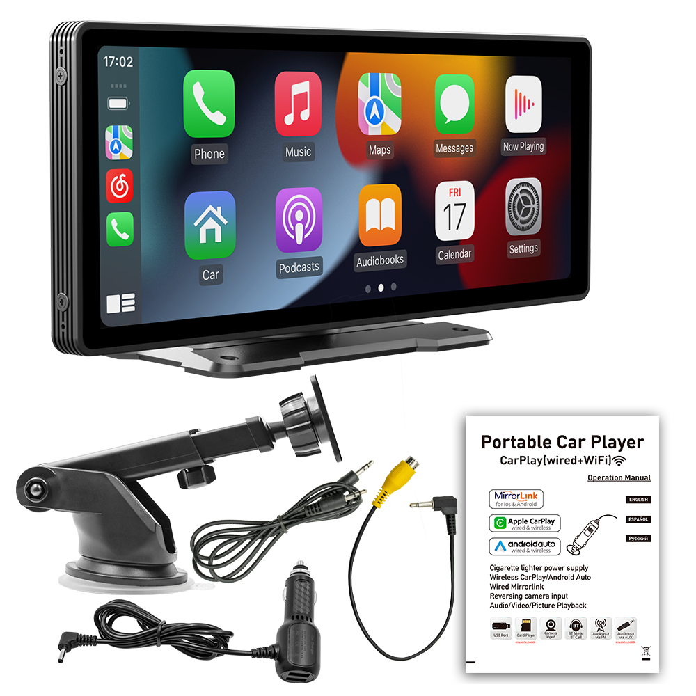 10.26- inch multimediaspeler met scherm, wifi, video, carplay, android auto, mirrorlink, parkeerhulp en achteruitrijcamera voor ios- en android-telefoons: Zwart