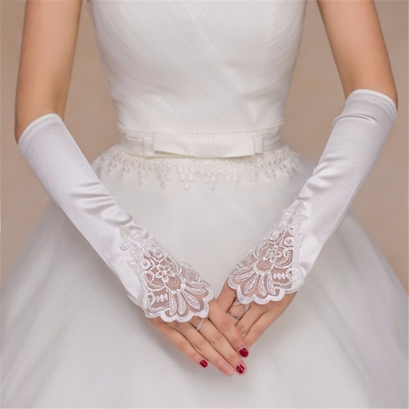 JIERUIZE Fall Fingerless Pearls White Ivory Bridal Gloves Lace Satin Bridal Accessories for Wedding Dresses