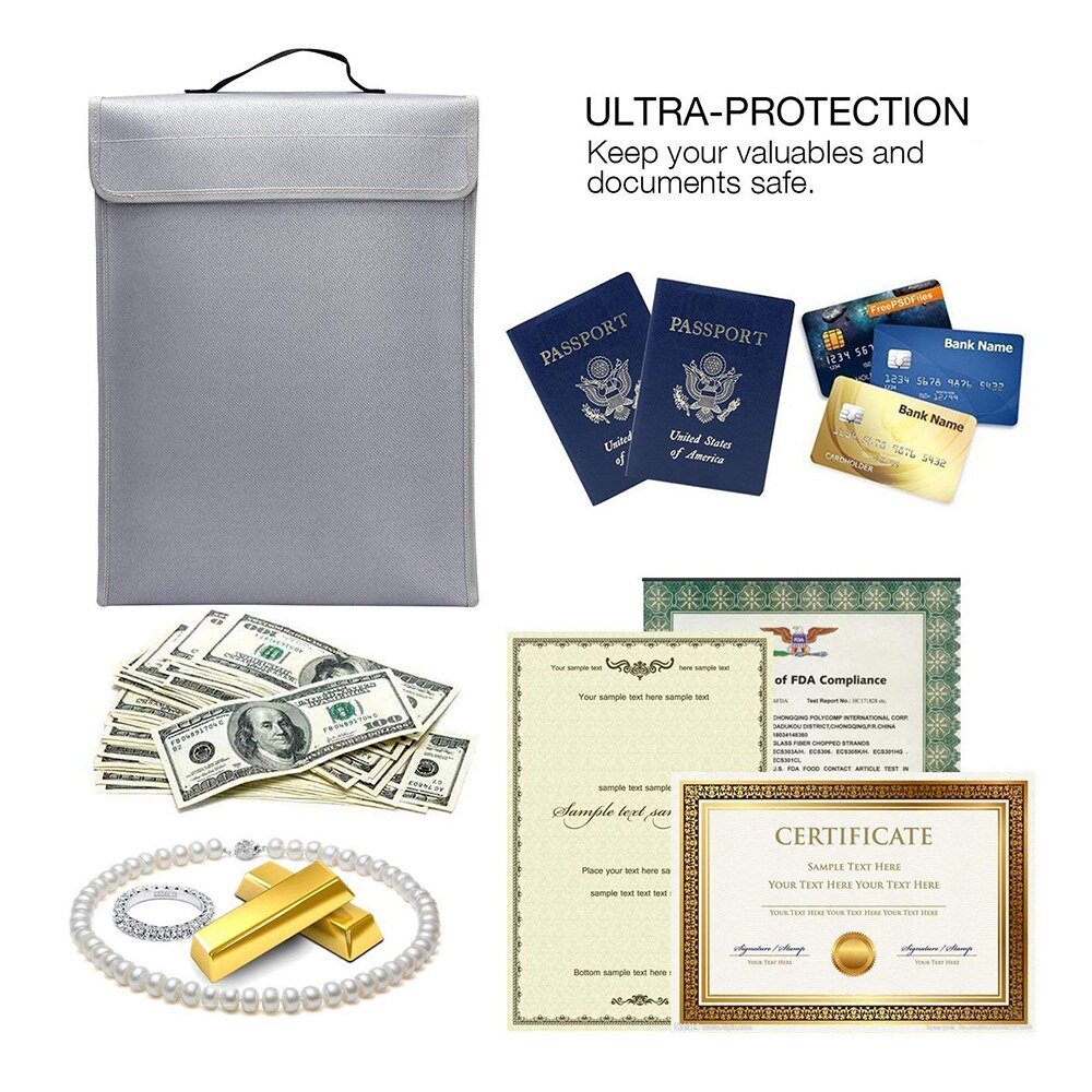 Portable Fireproof Document Bag Holder Pouch Home Office Safe Bag Fire & Water Resistant File Folder Safe Storage