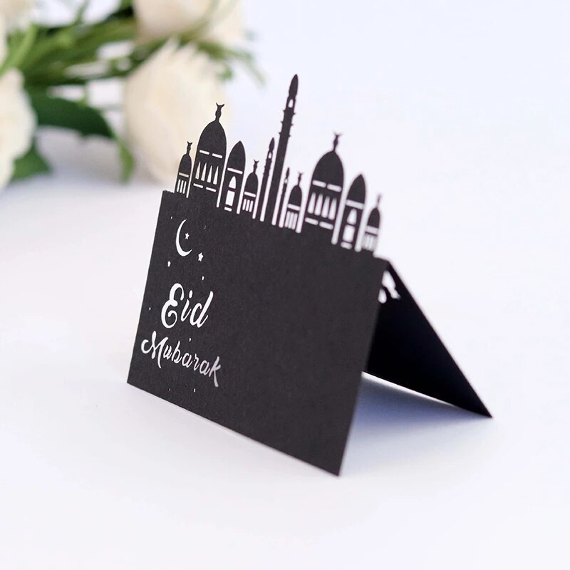 10pcs Ramadan Mubarak Muslim Name Place Card Ramadan Postcards Hollow Out Lace Table Eid Party Table Festival Decorations