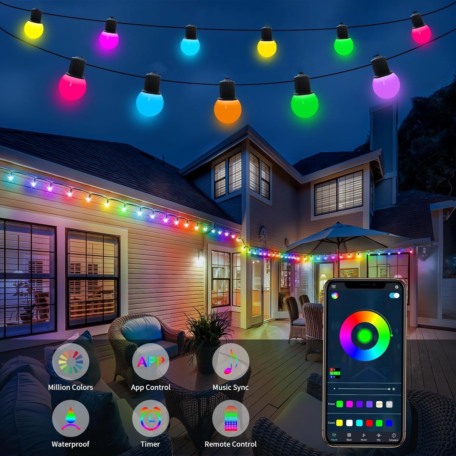 10m g40 ledet-lyslenke med bluetooth-app og fjernkontroll, utendørs usb, rgb-lyslenke, fargeskiftende, til fest, bryllup, hage, bakgård