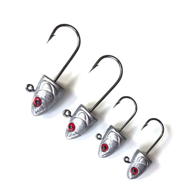 Señuelo de cabeza suave de plomo, aparejo de pesca de lubina, tipo pez 3D, Ojo de 3,5g 5g 7g 10g, cebo de gusano blando de silicona con púas, herramienta de gancho, 6 uds.