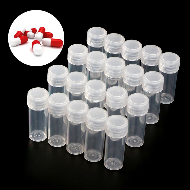 5ml 20pcs Plastic Test Tubes Vials Sample Container Powder Craft Screw Cap Bottles for Office School Chemistry Supplies