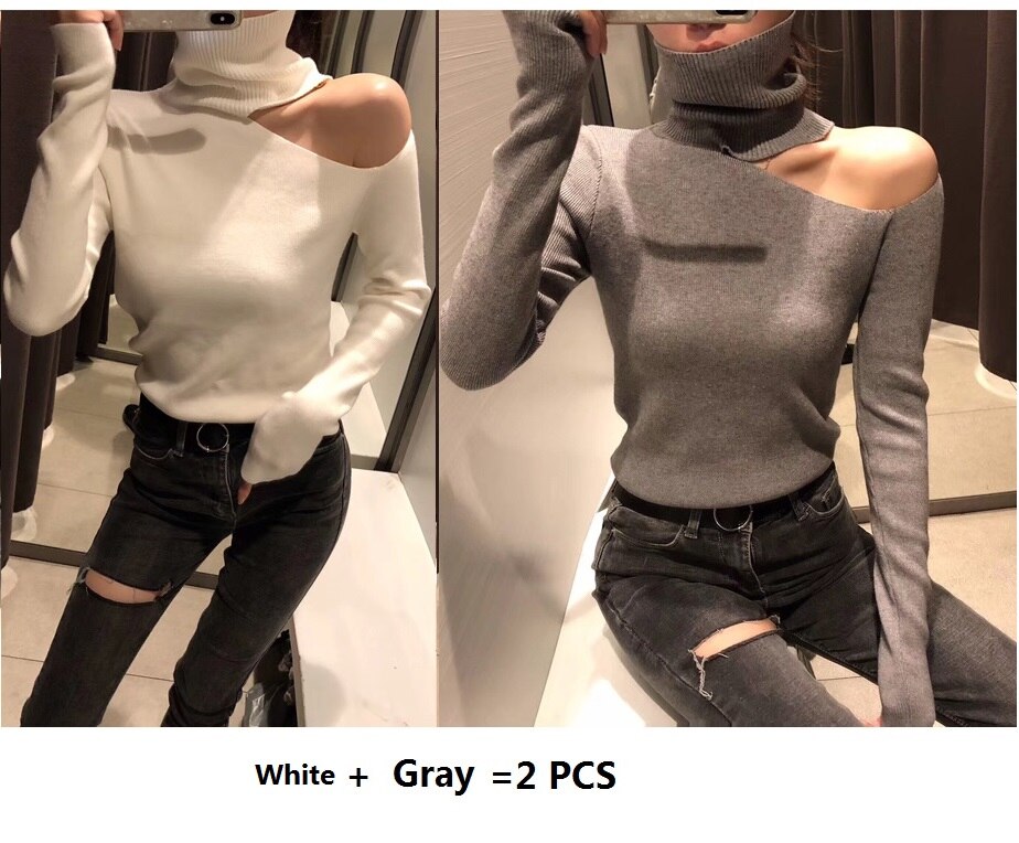 Sexet striktrøje off shoulder sweater sweater til kvinder langærmet rullekrave dame sweater hvid tøj vintage sweater: Hvid sort 2 stk