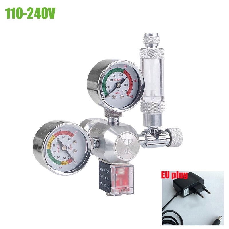ZRDR/ Aquarium CO2 Regulator with Check Valve Bubble Counter Magnetic Solenoid Valve Aquarium CO2 Pressure-reducing Valve: 110-240V-EU plug / W21.8
