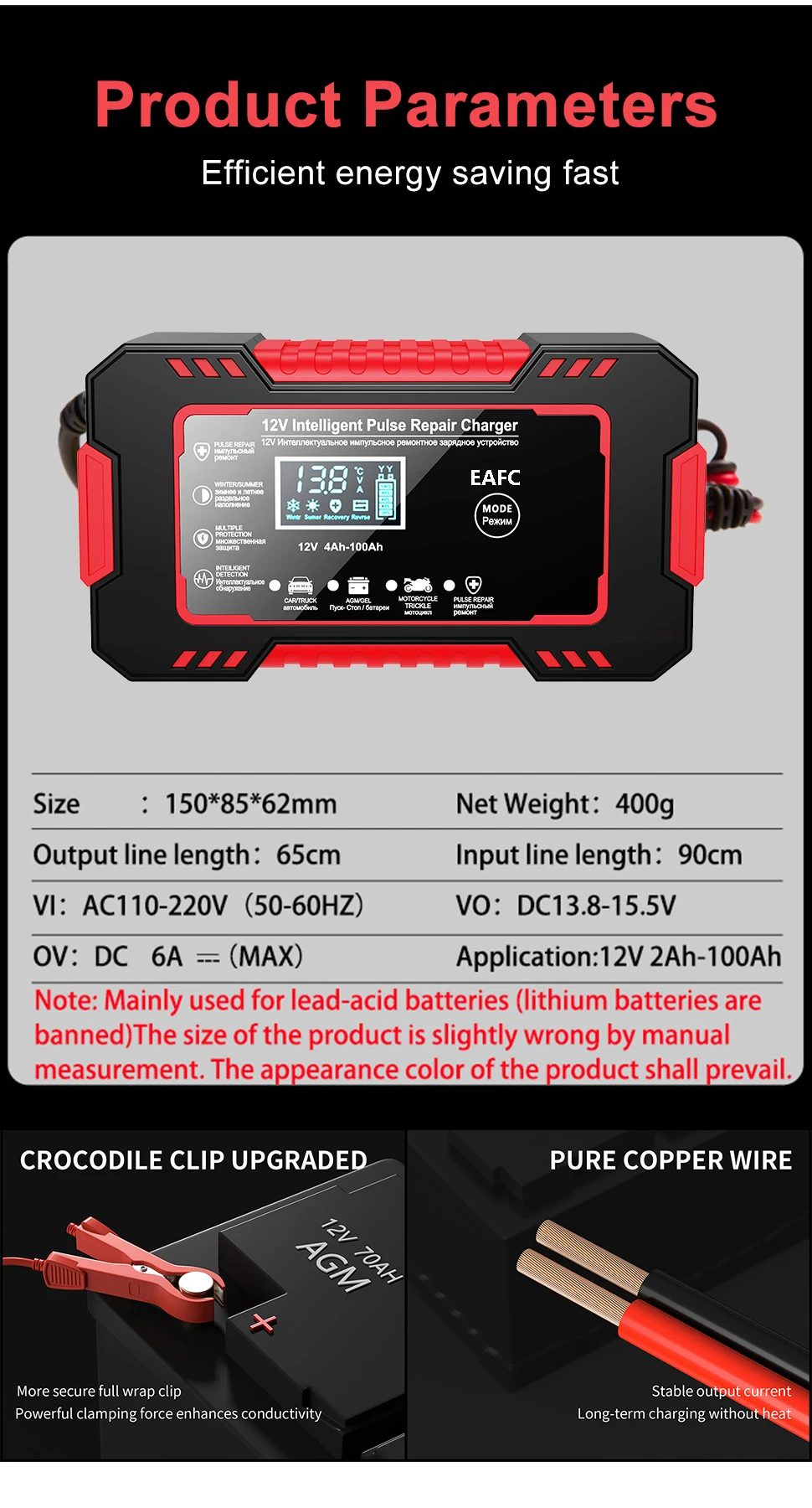12V 6A Fully Automatic Battery Charger/Maintainer - Pulse Recovery Mode for Dead Wet/Dry Batteries