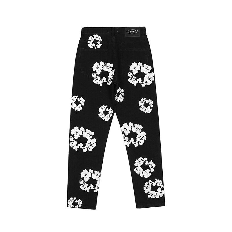 Harajuku – jean droit déchiré surdimensionné pour homme, pantalon en Denim, imprimé pleine fleur, Style Vibe, décontracté, Patchwork