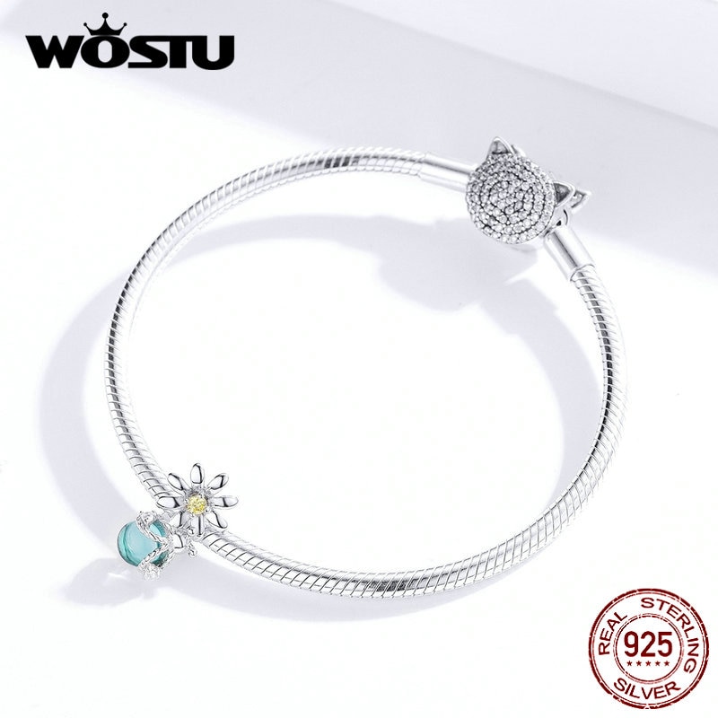Wostu 925 sterling zilveren madeliefje bloem & vuurvliegjes kralen bedel past originele armband hanger fijn zilver 925 sieraden cqc 1369