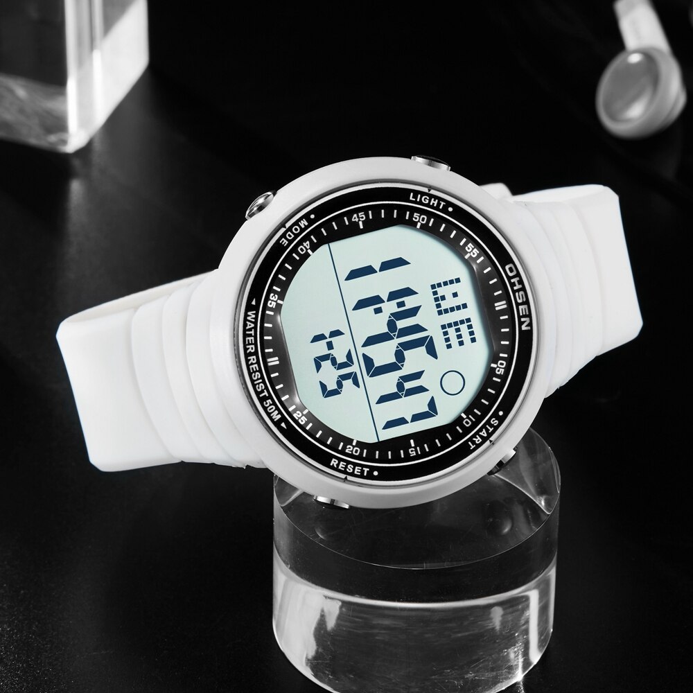 Ohsen Digitale Lcd Sport Mannen Polshorloge Relogio Masculino 50M Waterdicht Alarm Datum Rubber Mode Witte Outdoor Sport Horloge Cadeau