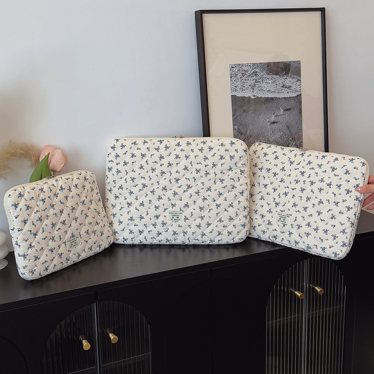 1 Pc Chic Flower Print Quilted Laptop Bag 11 Inch/14 Inch/15 Inch Computer Bag Protection Case Laptop Sleeve Computer Case Bag: 14-inch / Blue