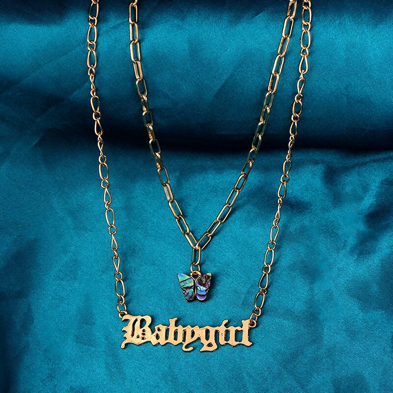 Flatfoosie Multilayer Butterfly Pendant Necklace for Women Gold Color Babygirl Letter Necklace Collar Punk Jewelry